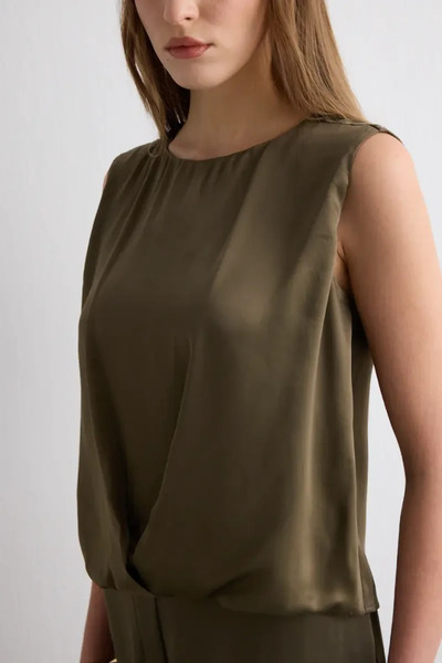 Gusto Front Pleated Sleeveless Satin Blouse - Khaki