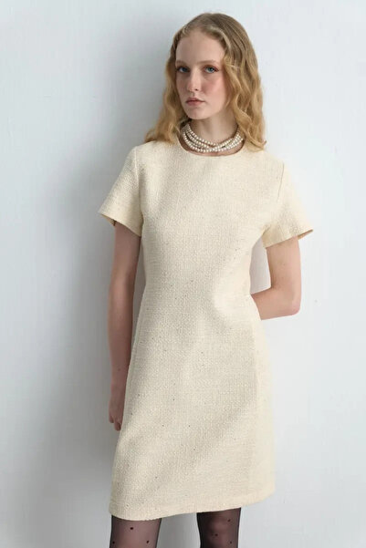 Gusto Short Sleeve Tweed Dress - Ecru