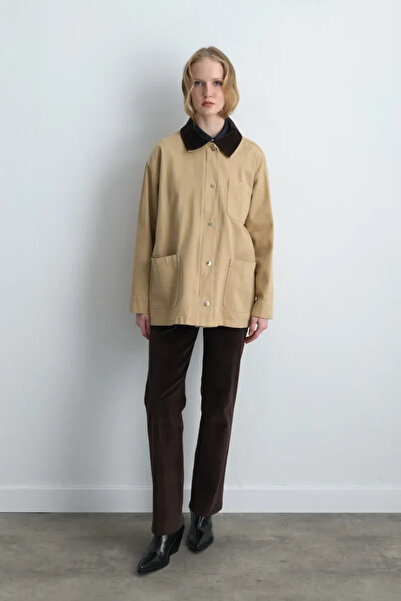 Gusto Comfortable Cut Canvas Jacket with Velvet Collar - Beige
