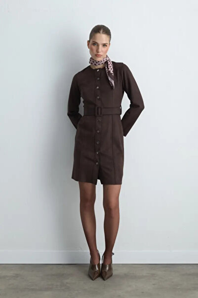 Gusto Beli Belted Faux Suede Dress - Brown