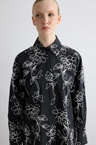 Gusto Floral Embroidered Cotton Shirt - Black