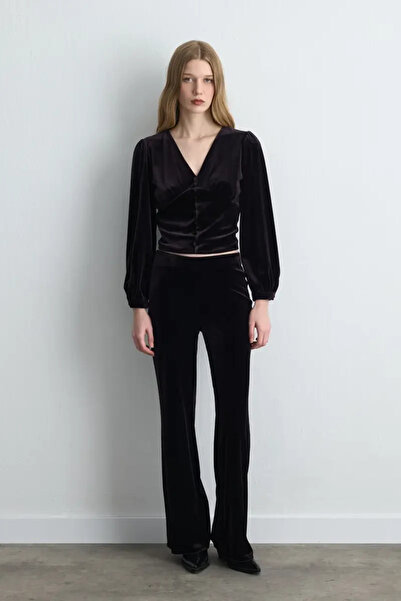 Gusto Elastic Waist Wide Leg Velvet Trousers - Plum