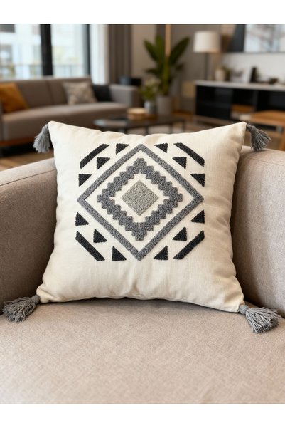 MACASA Punch Embroidered Throw Pillow Cover Gray Anthracite 1 Piece Woven Decorative Modern Tufted Pompom Soft