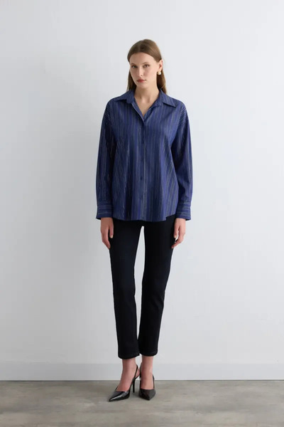Gusto Glitter Striped Relaxed Fit Shirt - Navy Blue