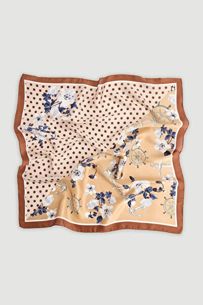 Gusto Large Scarf with Polka Dot and Floral Pattern - Beige