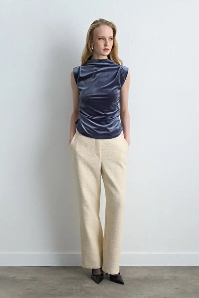 Gusto High Neck Gathered Velvet Blouse - Gray