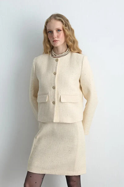Gusto Zero Collar Tweed Jacket - Ecru