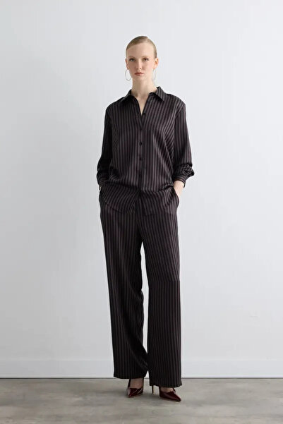 Gusto Striped Satin Shirt - Brown