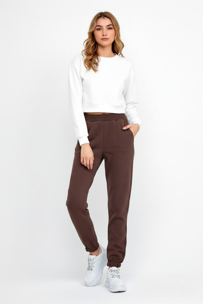 Avones Kadın Paçası Beli ve Lastikli Cepli Kışlık Eşofman Altı-Kahvrengi