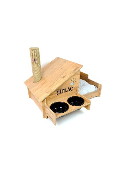 RealWood Ahşap Kedi Evi - Mama Kabı-Özel Isim Baskılı-Meşe Mdf- Siyah Seramik...