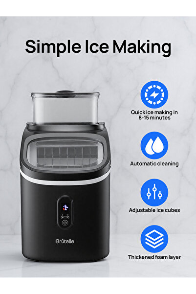Brutelle Countertop Ice Maker 1.5L External Tank 6 Min Fast Square Ice 16 Cubes Adjustable Size Self-Cleaning
