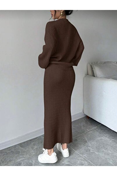 NEWCO Γυναικείο Καφέ Πλεκτό Σετ Ζακέτα και Μακριά Μίντι Φούστα Δύο Τεμάχια