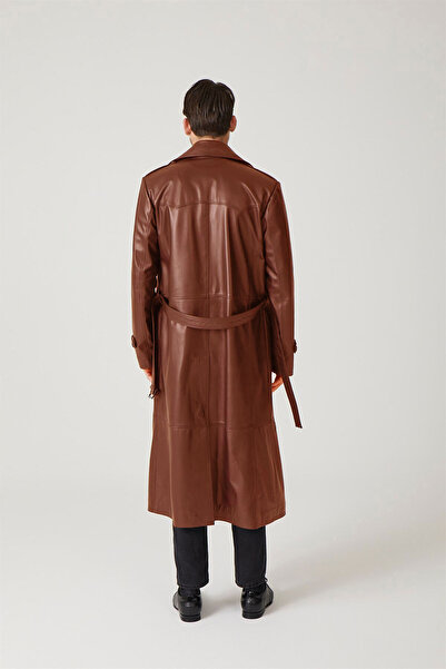 Deriderim Taba Matrix Genuine Leather Double-Breasted Button Closure Slit Lined Belted Trench Coat Men's Coat