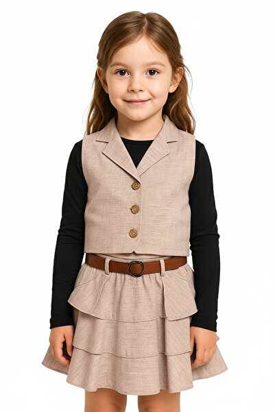 Merdia Girl's Linen Vest, Skirt and Black Badili 3-Piece Set (with Belt Accessory)