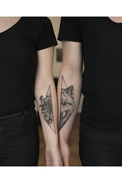 HEDİYEVİM Kurt ve Çiçek fiğürlü 12 Saat Sonra Kararan Geçici Orta Dövme Tattoo Çift Dövmesi
