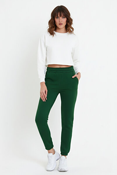 Avones Γυναικείο πλεκτό παντελόνι με τρία νήματα με ελαστική μέση και πόδια Jogger-Zümrüt