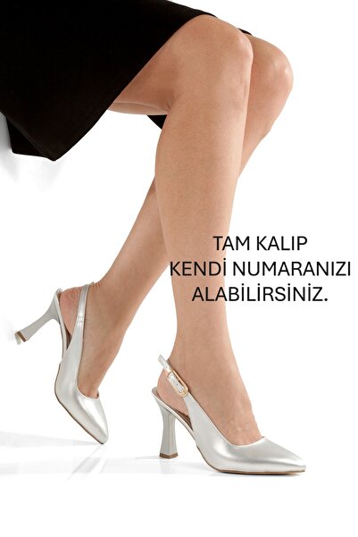 YASEMİN Women's Silver Gray Skin Open Back Gold Buckle Ovis Pointed Toe 8 cm Classic Heeled Shoes - Rhaella