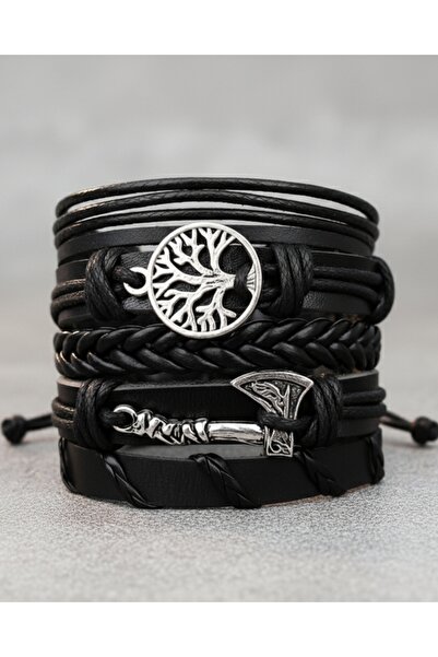 BSN 5Pcs Viking Axe Tree of Life Symbol Genuine Leather Bracelet