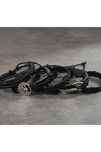 BSN 5Pcs Viking Axe Tree of Life Symbol Genuine Leather Bracelet