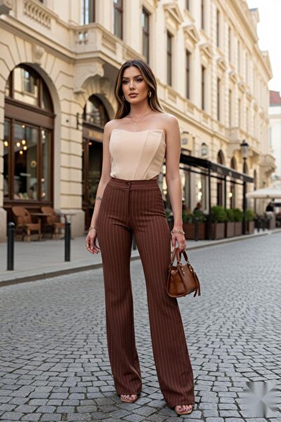 Mossta Καφέ παντελόνι Robin ριγέ Lycra με φαρδύ πόδι