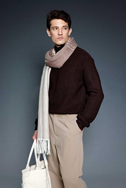 ablukaonline Men's Oversized Turtleneck High Neck Sweater Brown