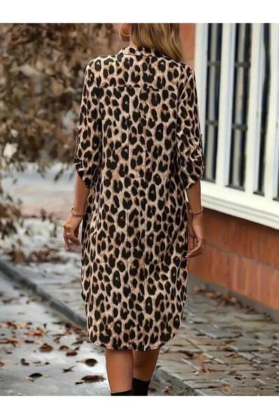 MODA Γυναικείο μακρυμάνικο φόρεμα με λεοπάρ στάμπα με κουμπιά μπροστά