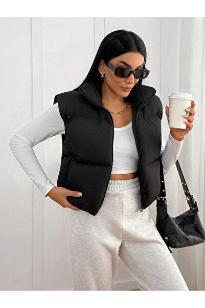 MONAMORE Women's Black Padded Crop Puffer Vest