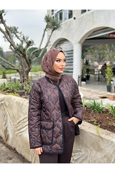 Minel Γυναικείο καπιτονέ μπουφάν με καφέ σχέδιο 02