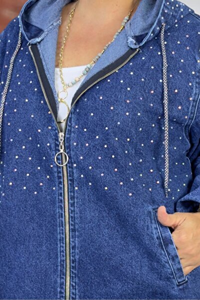 yagmurberen Hooded Denim Jeans Jacket in Extra Battal Large Size with Stone Embellishment Detail.