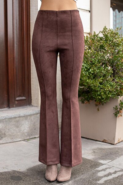 Jument Παντελόνι από ύφασμα σουέτ ελαστικό ύφασμα με ψηλή μέση μπροστά και πίσω ραμμένο με ισοπεδωτό πόδι (τζάκετ 30071)-Καφέ