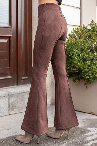 Jument Παντελόνι από ύφασμα σουέτ ελαστικό ύφασμα με ψηλή μέση μπροστά και πίσω ραμμένο με ισοπεδωτό πόδι (τζάκετ 30071)-Καφέ