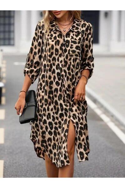 MODA Γυναικείο μακρυμάνικο φόρεμα με λεοπάρ στάμπα με κουμπιά μπροστά