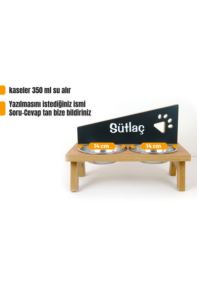 RealWood Özel İsim Baskılı, Ahşap, Çelik Kaseli Kedi - Küçük Irk Köpek Mama V...