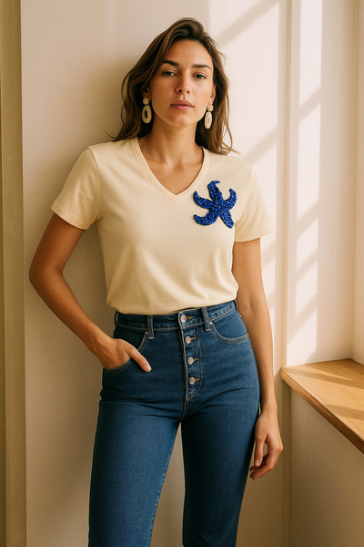 GZ Design Blue Starfish Embroidered Cream Color V-Neck T-Shirt