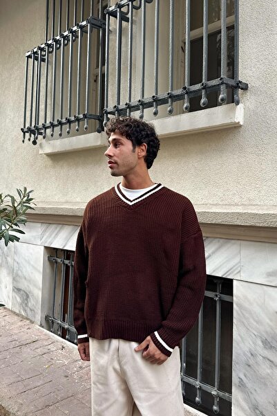 Flaw Wear V-izrez Prugasto Pleteni džemper Smeđi