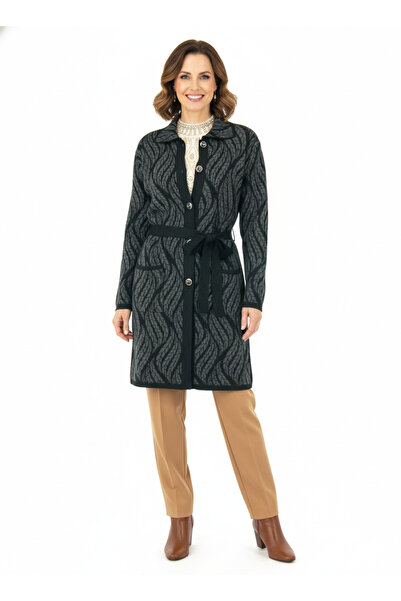 Oppland Women's Smoked Winter Motif Buttoned Pocket Casual Cut Lycra Wool Woven Mother Cardigan