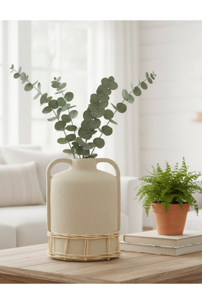 Maisonord Kulplu Doğal Hasır Örgülü Terakota Vazo