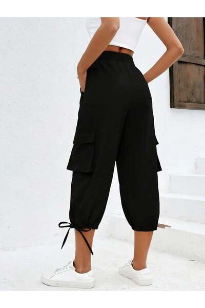 Queene Dreams Women's High Waist Elastic Waist Lace up Pocket Cargo Viscose Two Thread Pants