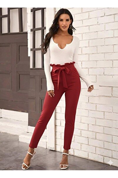 MAREANDPANDA Women's High Waist Ruffled Front Tie Imported Crepe Pants