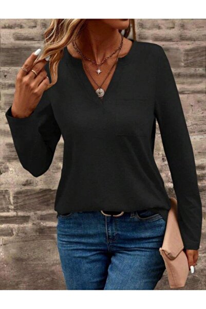 Moda Ebrar Women's Long Sleeve Pocketed V-Neck Viscose Two Thread Blouse
