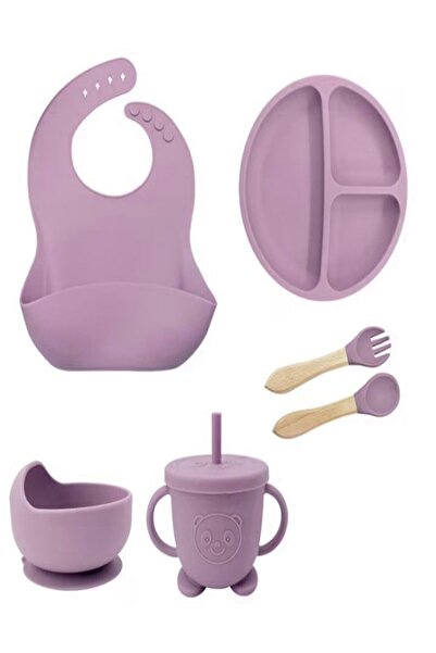 OEM Set 6 piese pentru bebe, Baveta,Farfurie,Bol cu ventuza,Lingurita si furculita,Cana gustări, MOV
