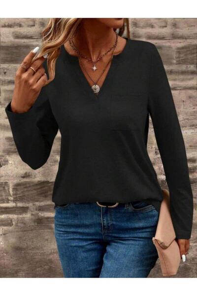 Moda Ebrar Women's Long Sleeve Pocketed V-Neck Viscose Two Thread Blouse