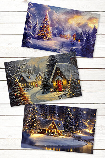 Bimotif 6lı Simli Kartpostal Seti, Yılbaşı, Kış Evleri