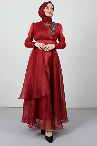 Giza Giyim Taşlı Organze Abiye Bordo
