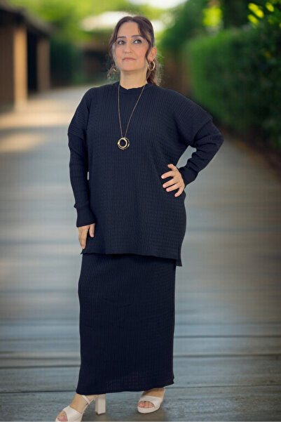 yagmurberen Hair Braiding Pattern Circular Necklace Long Sleeve Blouse Elastic Waist Skirt Plus Size Mercerized Double Set