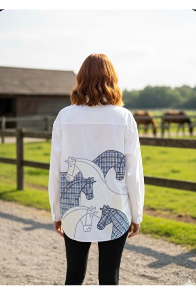 By-esq Women's Embroidered Stone Detailed Long Sleeve Pocket Shirt