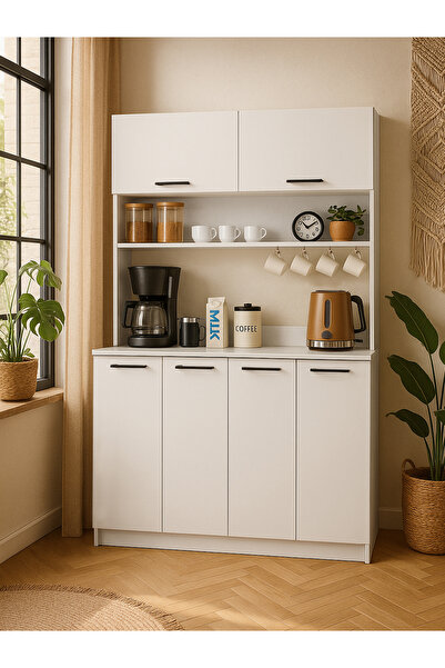 dorpek Tuco Çok Amaçlı Dolap 4 kapaklı Mutfak Dolabı 180 cm Kahve Köşesi Beyaz
