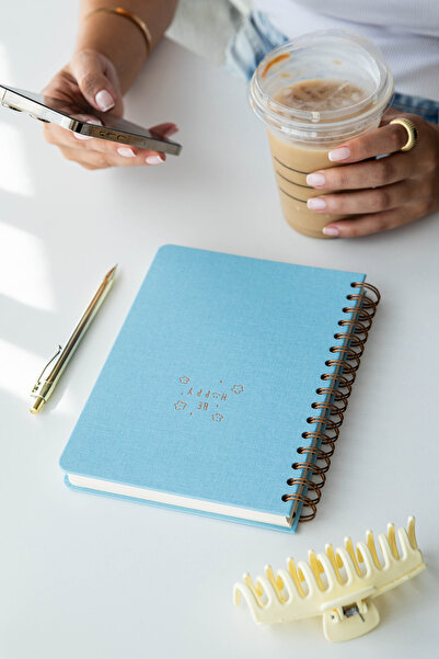 PAPERORA A5 Spiralli Sert Kapak Keten Kareli Tarihsiz Not Defteri Mavi