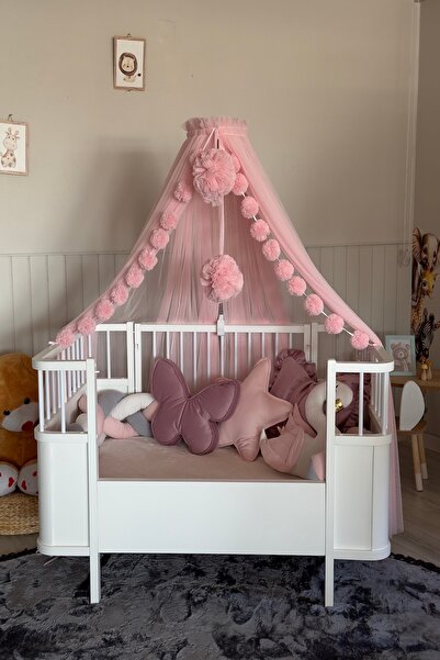 Pastelya Toz Pembe Bebek Beşik Cibinliği Yumuşak Pürüzsüz Tül Sineklik Aparatlı Cibinlik