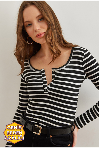 Olalook Black and White Placket Long Camisole Women's Blouse - Blz- 19000588